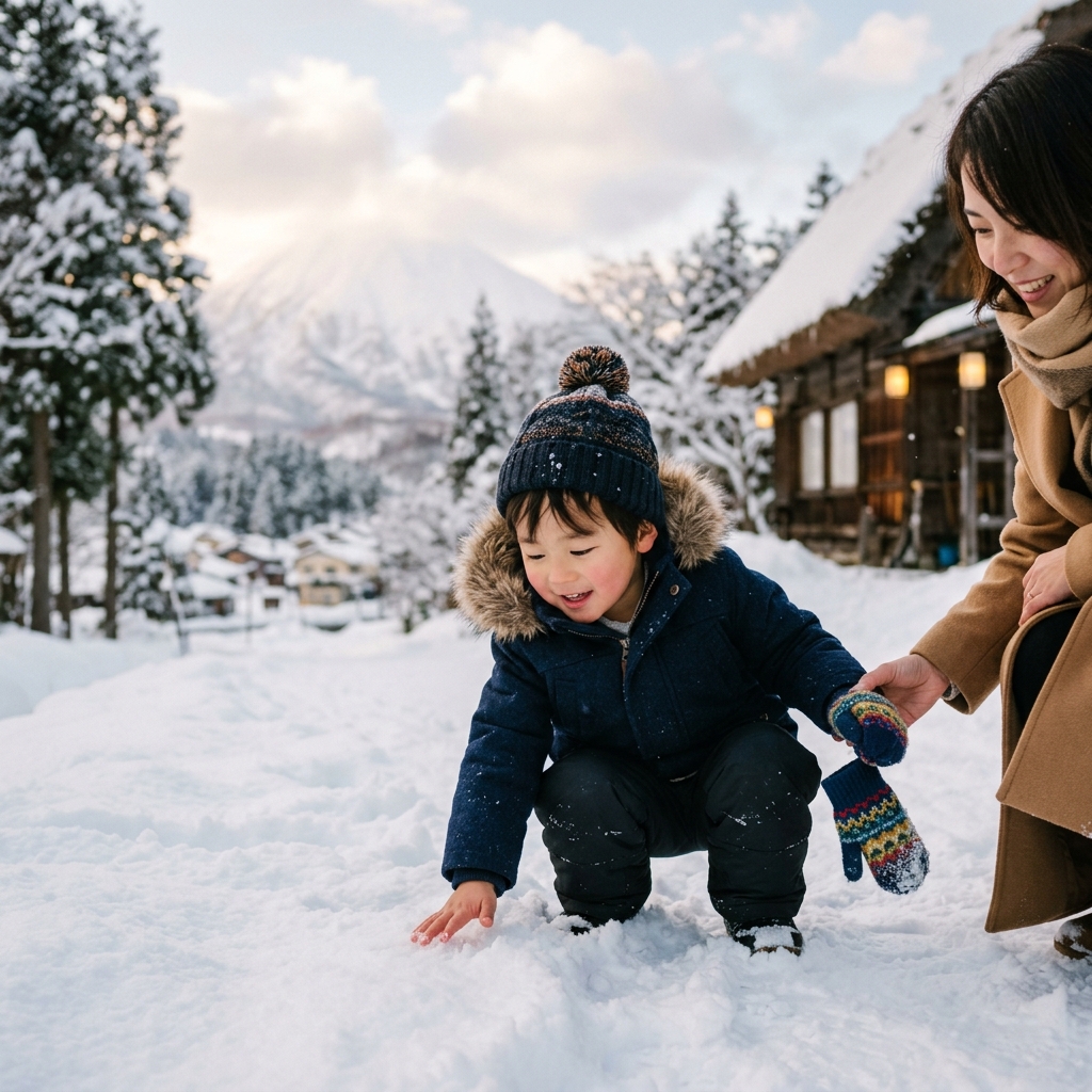 A child experiencing snow for the first time in Myoko